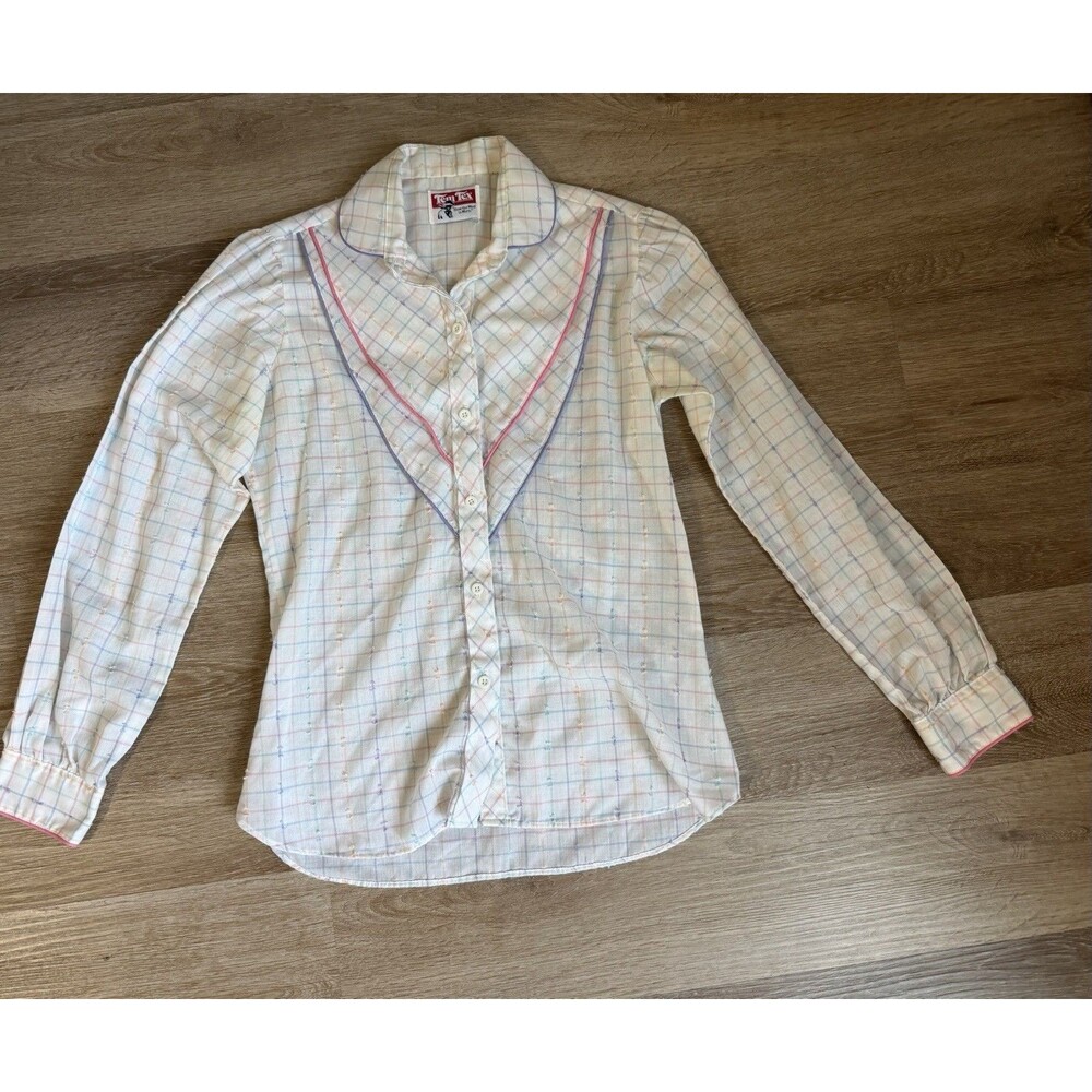 Vintage Tem Tex Women’s Western Button Down Shirt White Pink Purple Teal Stripes